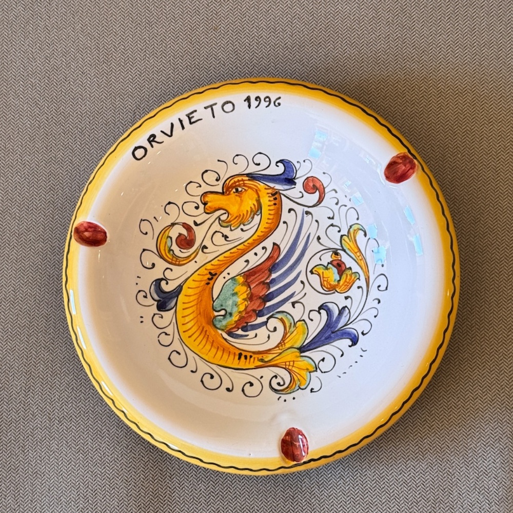 Vintage Deruta Italian Hand Painted Ceramic Dragon Ashtray Made in Italy 1996